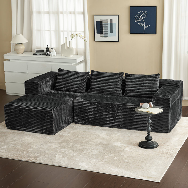 Boneless L-Shaped Deep Seat Modular Sectional Sofa, Corduroy Upholstered Cloud Boneless Couches With Side Pockets