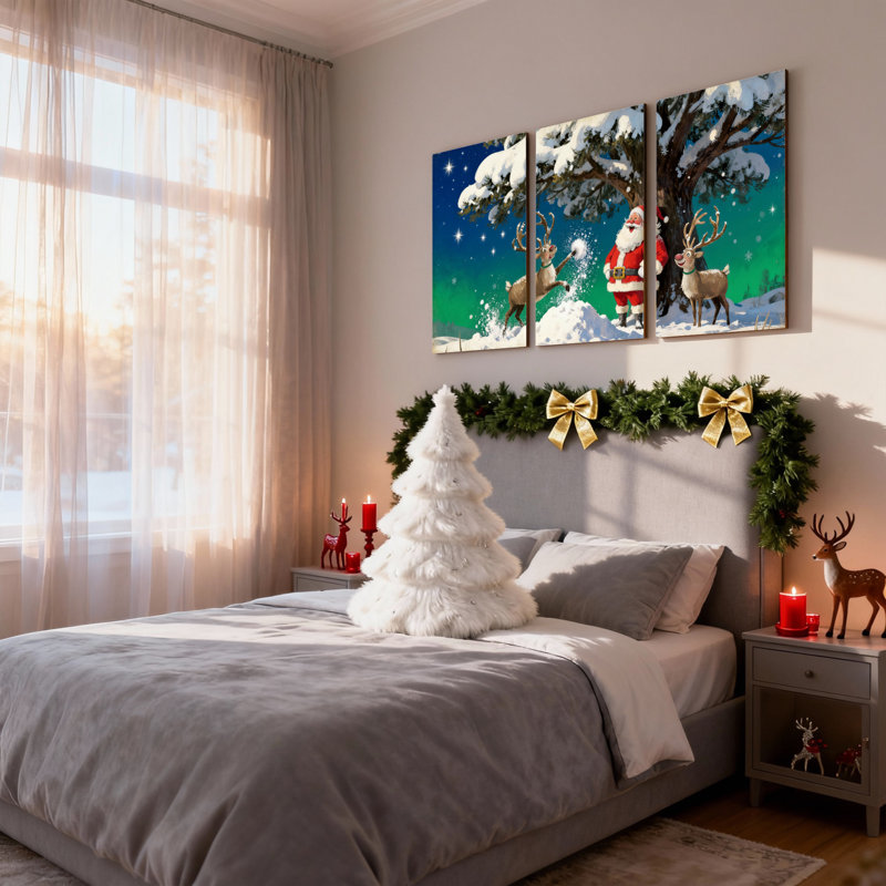 Noël, père Noël, renne, forêt enneigée, nuit, étoiles, ensemble de 3 impressions sur toile, H 30 po x l 60 po
