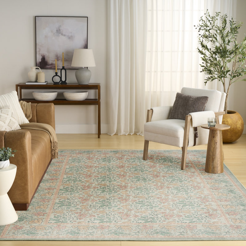 Botanical Washables 5' x 7' Green Multicolor Farmhouse Indoor Rug, Rectangle 5' x 7', Multicolor Green