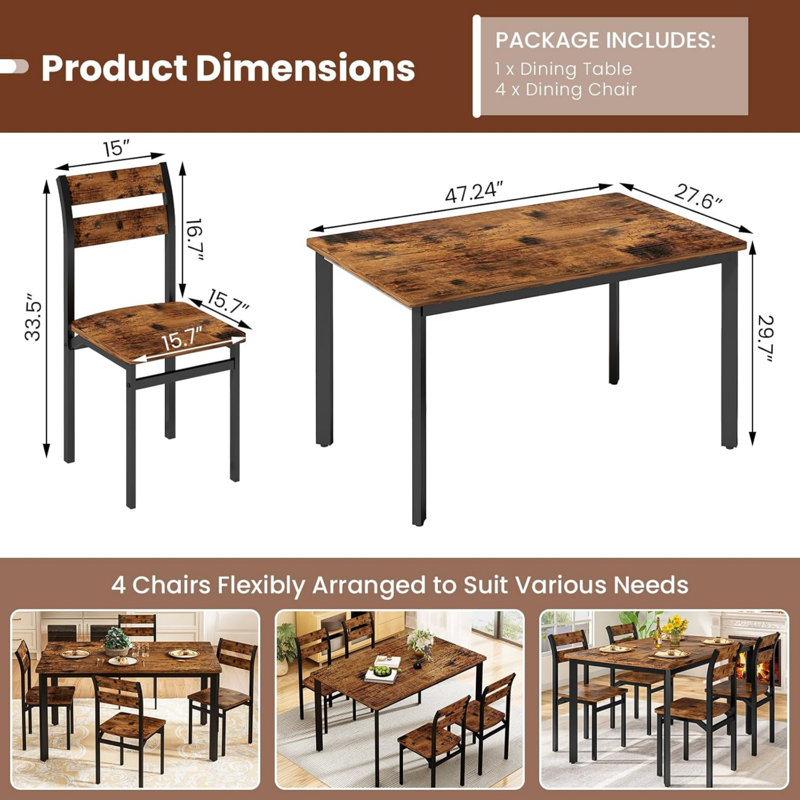5-Piece Kitchen Table Chairs Set, Dining Table Set For 4, Rectangle Dining Room Table Set With Four Chairs And Wooden Table Top, Dining Table Set With Backrest For Small Spaces, Dining Or Living Room