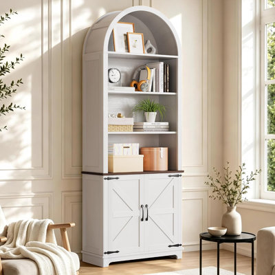 75" Tall Arched Bookshelf with Cabinet, 6-Tier Farmhouse Bookcase