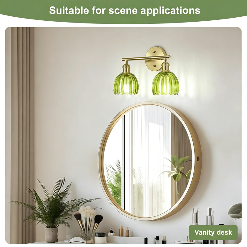 Luminaire de meuble-lavabo rétro avec abat-jour en verre tulipe, éclairage de salle de bain câblé à 2 lumières pour miroir, douille E26, finition dorée, certifié ETL