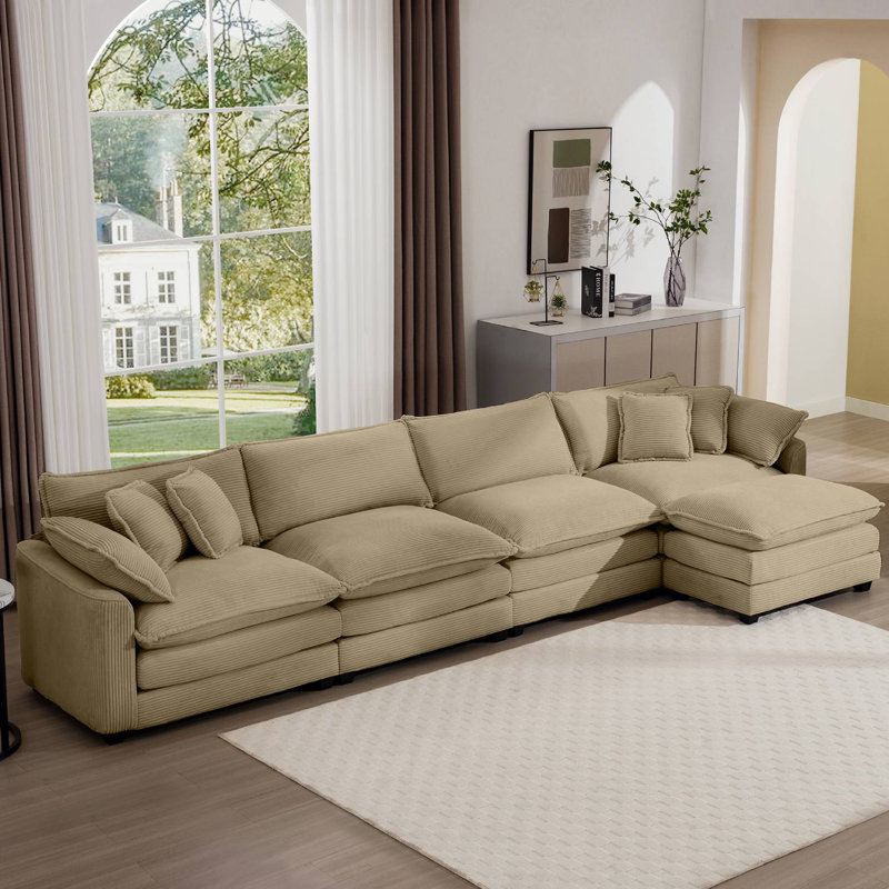 Canapé avec un repose-pieds, Velours côtelé kaki, H 33,85 po x l 150,38 po x P 34,25 po