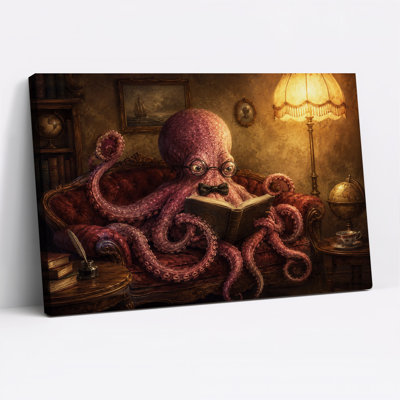 Impression sur toile mauve, pieuvre mauve, lunettes, lecture, livre