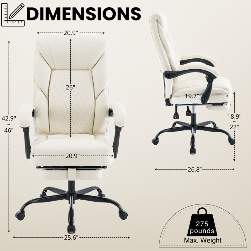 22" Large Seat Ergonomic Executive Chair, Ivory