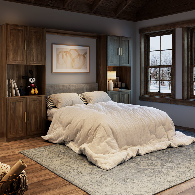 Grand lit escamotable avec 2 armoires de rangement, lit mural peu encombrant pour salle polyvalente, Brun