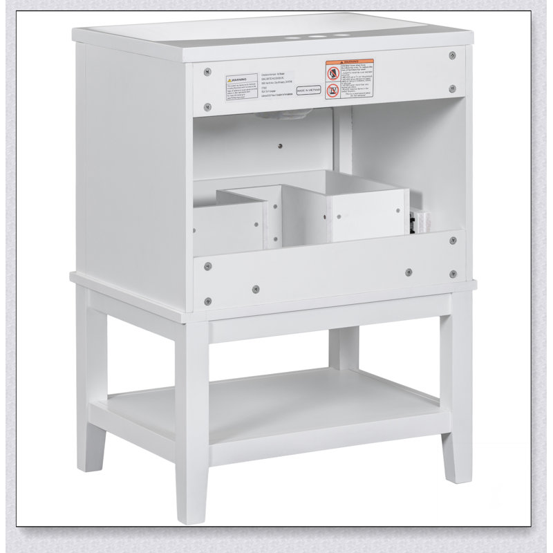 Meuble-lavabo 24 po avec lavabo, meuble de rangement pour salle de bain avec tiroir et tablette ouverte, structure en bois massif, blanc