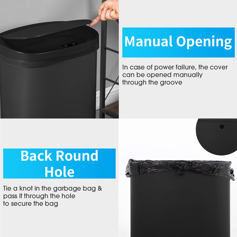 Black Plastic Touchless 13-Gallon Kitchen Trash Can Set
