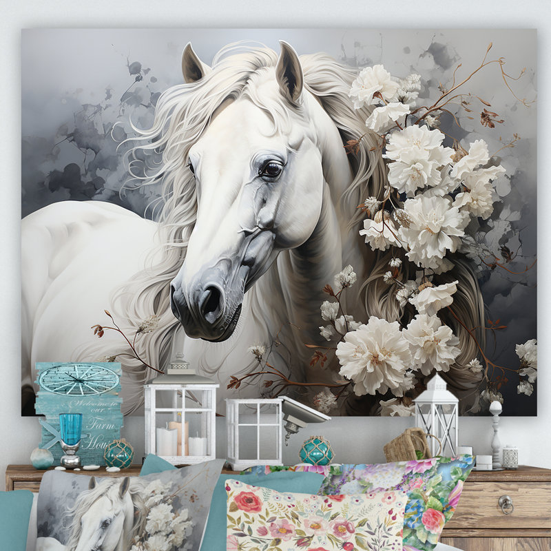 Majestic Flower Beauty Horse III - cheval, art mural encadré, Toile tendue, H 34 po x l 44 po x P 1,5 po