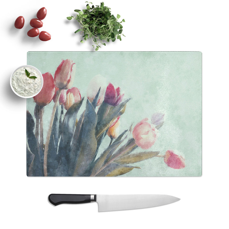Tempered Glass Bunch of Pink Tulips Chopping Board, 28.5 cm x 39 cm