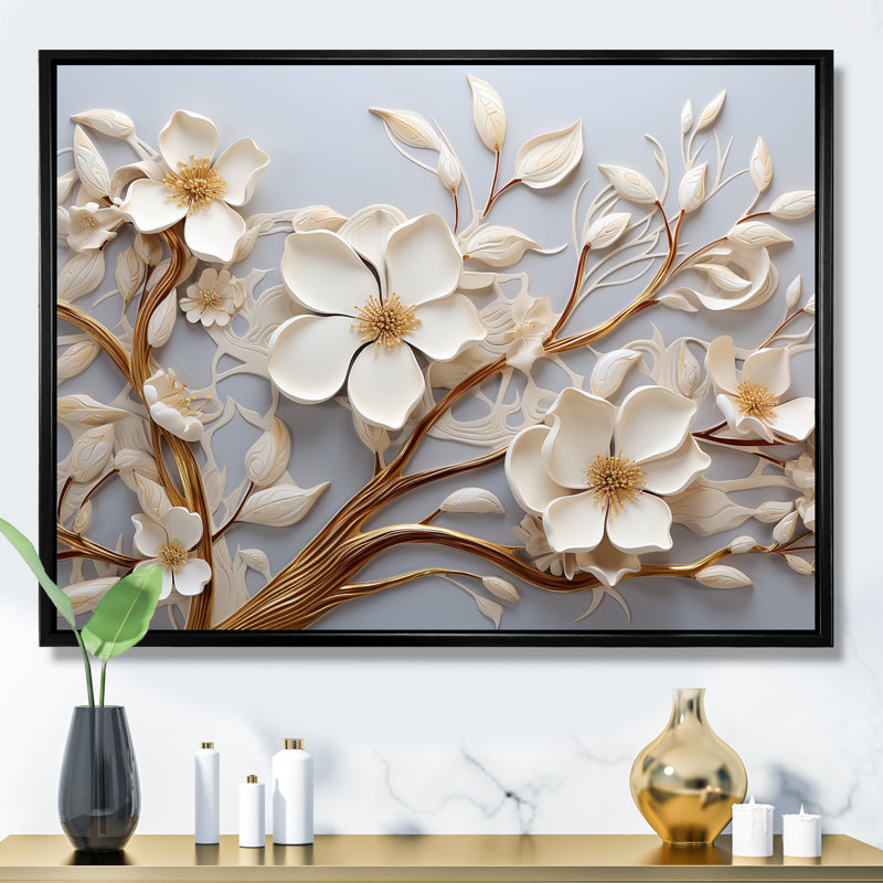 Orchidée blanche, jardin de branches - art mural floral abstrait, Cadre flottant noir, H 12 po x l 20 po x P 1 po