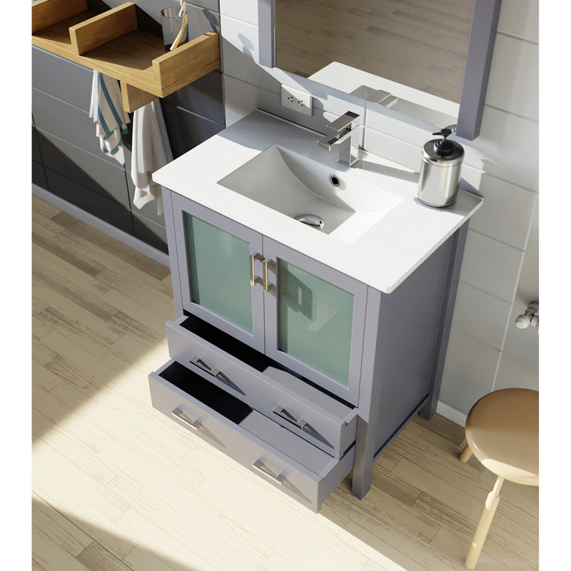 Gris foncé foncé 30 po Meuble-lavabo avec comptoir en céramique blanc, robinet à un trou et miroir mural de 28 po avec une surface de 18,25 po