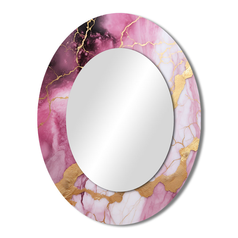 Essence de marbre rose et doré Essence III - Grand miroir mural ovale sur métal, 43 po x 33 po