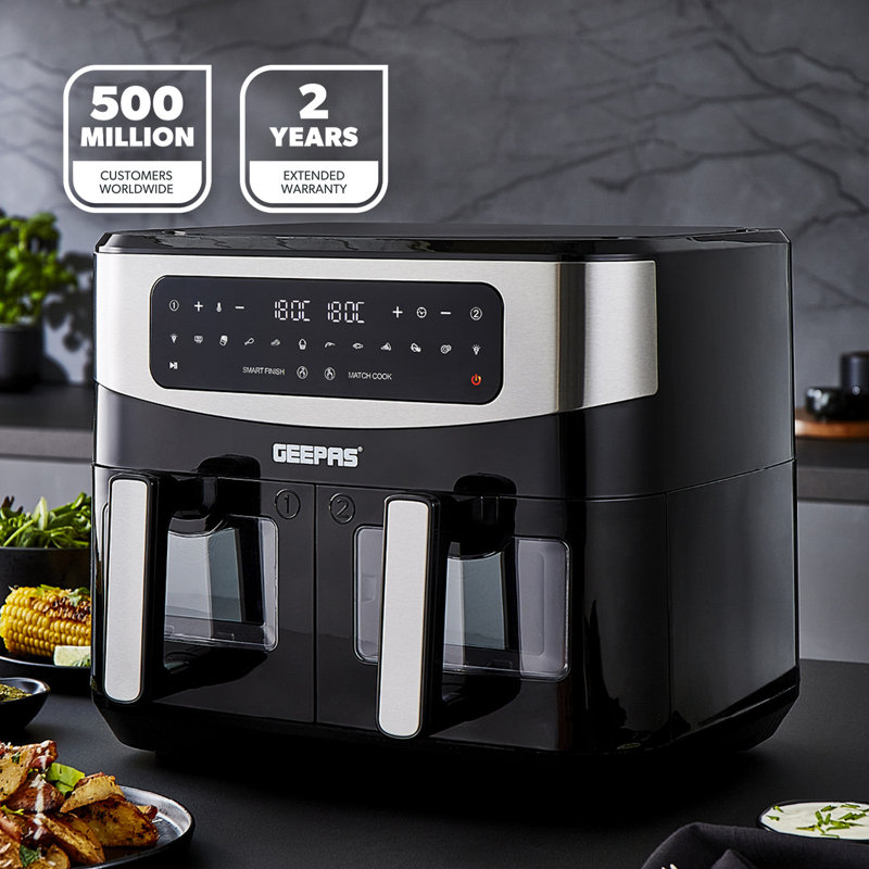 Geepas Vortex 9L Dual Basket Air Fryer Family-Sized 10-In-1 Digital Convection Air Fryer