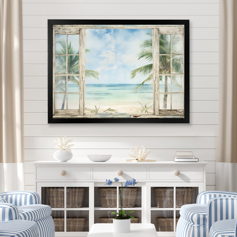 Décoration tropicale fenêtre tropicale horizon II - fenêtres côtières, H 12 po x l 20 po x P 1 po, Cadre d'angle fermé noir
