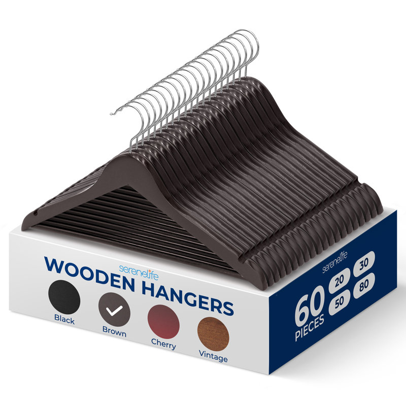 SereneLife 50-Piece Brown Wooden Suit Hangers with Swivel Hooks