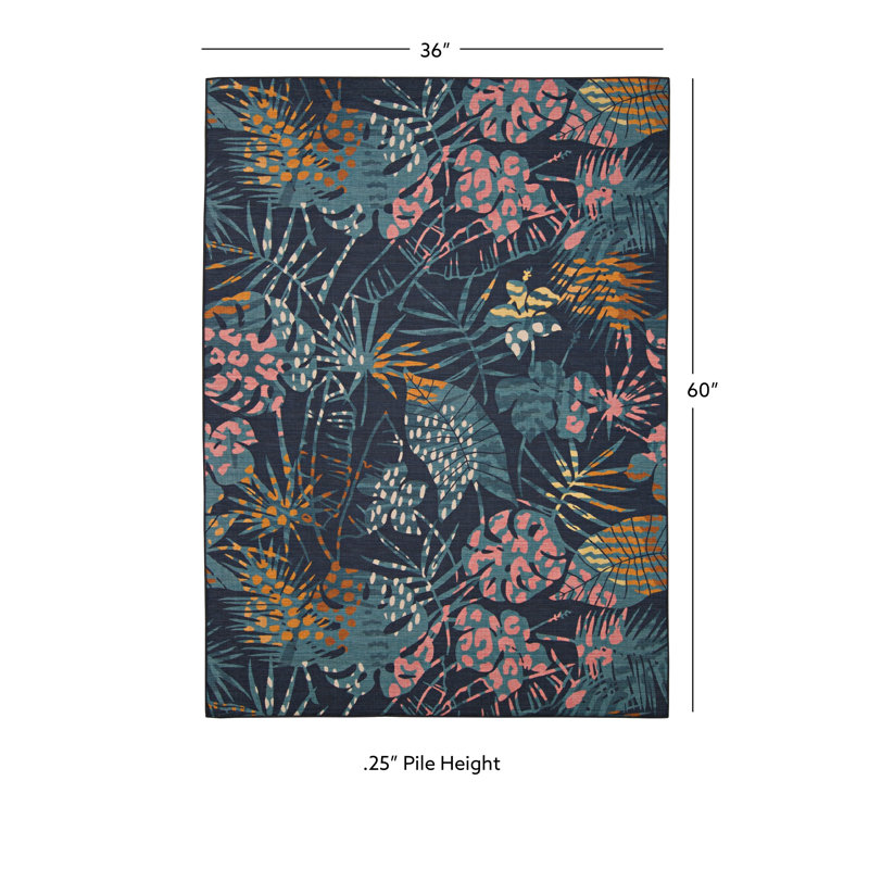Kivett Navy Floral Indoor Outdoor Machine Washable Area Rug, Rectangle 3' x 5'