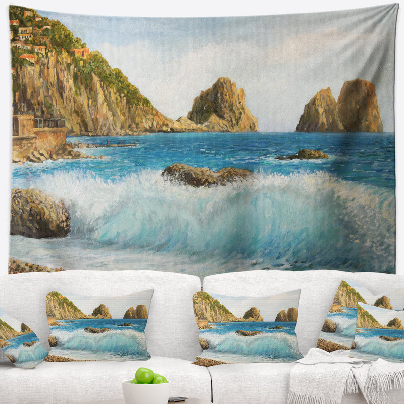 Paysage marin faraglioni sur la tapisserie de l'île de capri, H 32 po x l 39 po