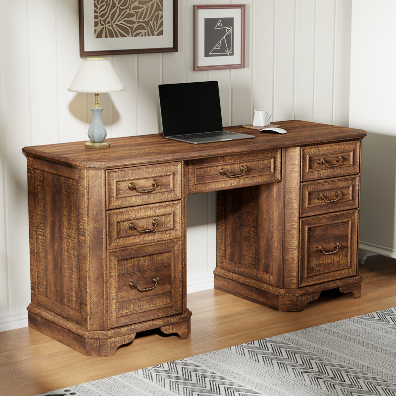59” Executive Office Desk With Storage,Wood Home Office Computer Desk With Charging Station,File Drawers And Storage Cabinet