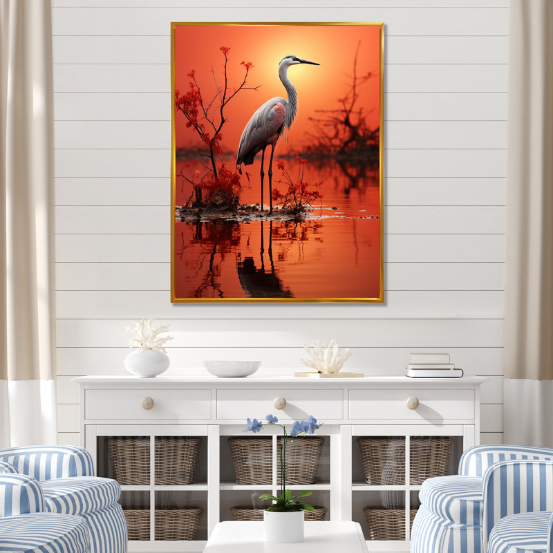 Flamant blanc élégant sur toile, Cadre flottant doré, H 44 po x l 34 po x P 1,5 po