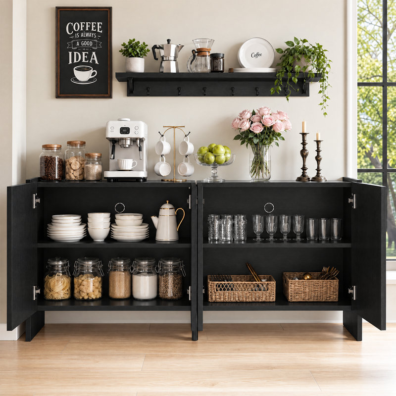 Buffet Archway 63 po à 4 portes en placage de bois massif avec design arqué et étagères réglables, grand buffet/crédence pour salon, cuisine ou entrée (noir)