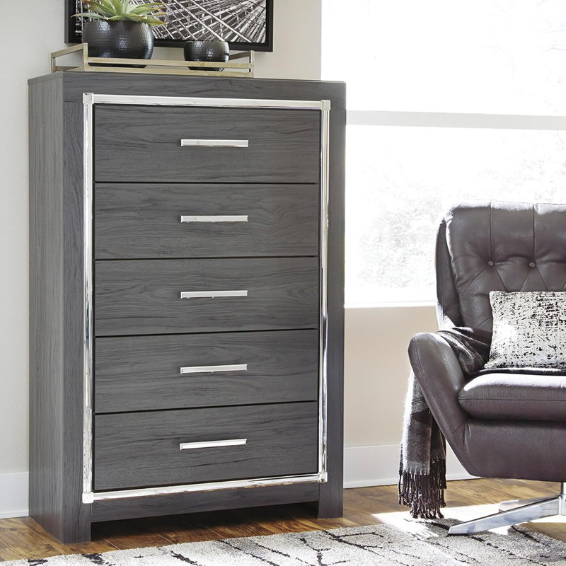 Modern Glam 5 Drawer Chest, Gray