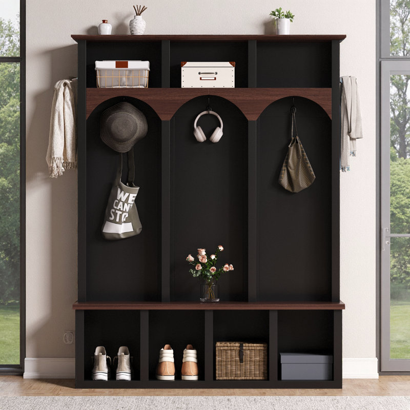Farmhouse Arched Hall Tree Bench with 5 Hooks & 7 Cubbies - Walnut Storage Shoe Cabinet for Entryway, Black