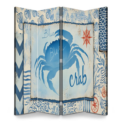 Paravent 4 panneaux à cloison pliable Royal rétro crabe bleu de mer Vintage