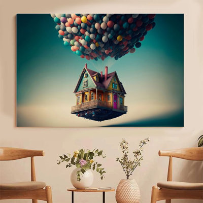 1Pc Framed Canvas Poster Print Dreamy Flying House, Colorful Balloons, Surrealistic Style Wall Art Wall Pediments, Wall Decor, Perfect for Room Decor