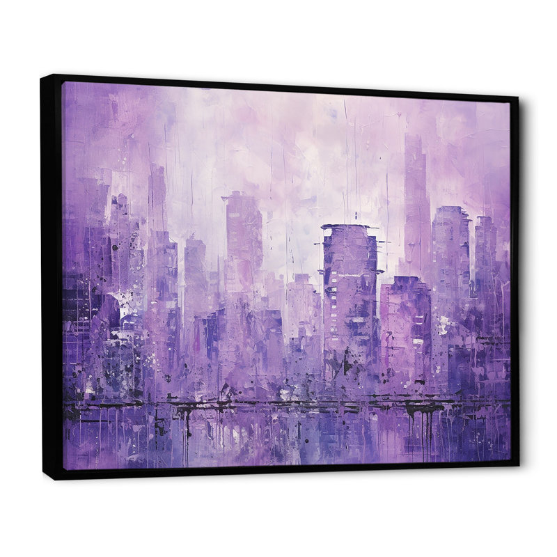 «Violet Cityscape High Rise Skycraper I», reproduction sur toile, H 16 po x l 32 po x P 1 po, Cadre flottant noir
