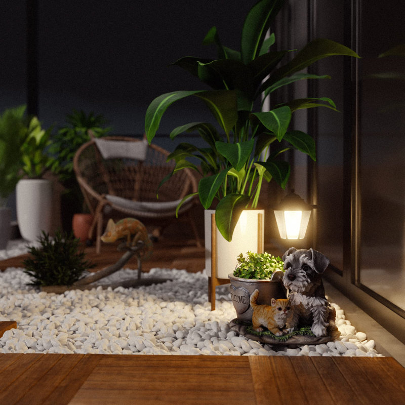Dog and Cat Resin Garden Statue with Solar Light and Planter