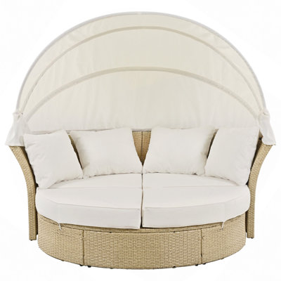 Outdoor Patio Daybed Wicker Rattan Double Daybed Round Sofa Furniture Set With Retractable Canopy, 4 Pillows For Lawn Garden Backyard Porch Pool