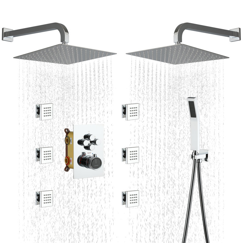 Chrome Dual Head Thermostatic Rainfall Shower System with Jets
