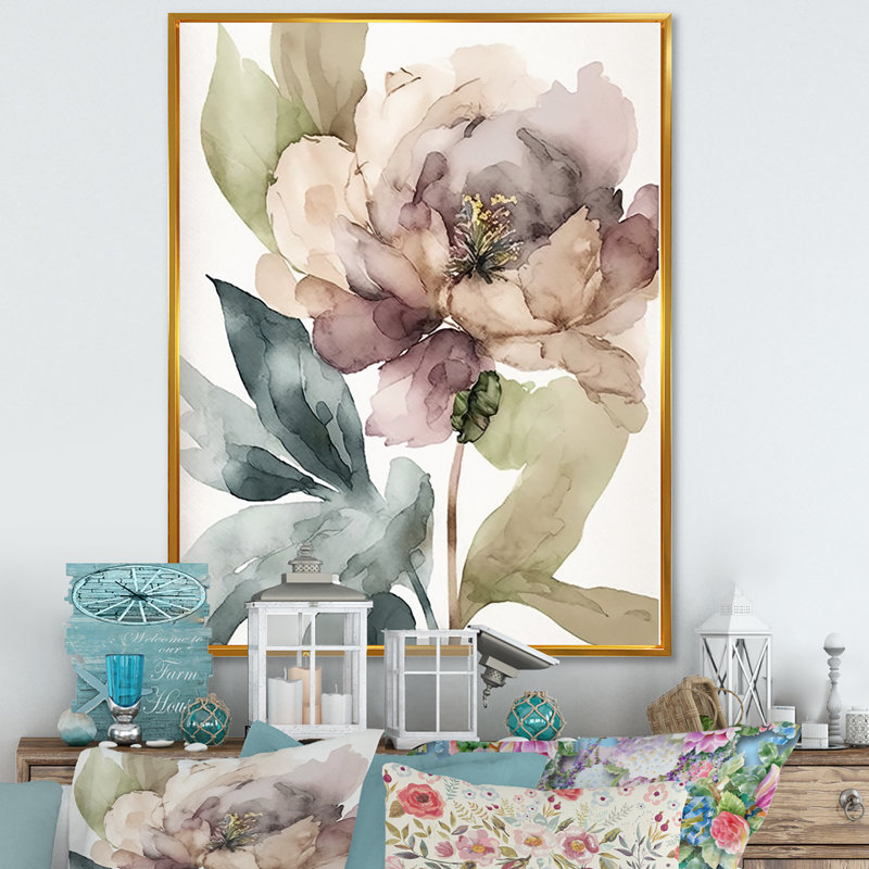 «Blooming Peony in Grey Earth Tones II», reproduction sur toile, H 32 po x l 24 po x P 1 po, Toile à cadre flottant doré