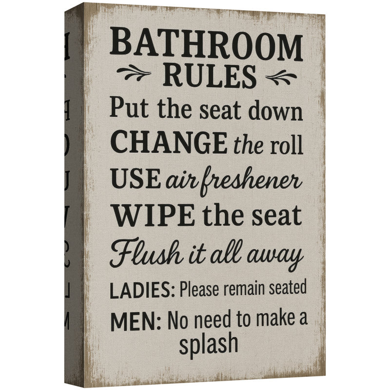 "Bathroom Rules", art mural, impression sur toile, impression sur toile encadrée, Beige chaud, Toile tendue