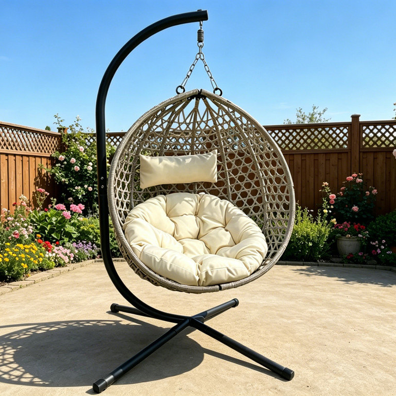 Balancelle pliante en PE gris avec support et coussin lavable intérieur et extérieur