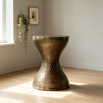 Hourglass Metal Side Table for Living Room, Hammered Iron End Table with Polished Bronze Finish, Industrial Accent Table