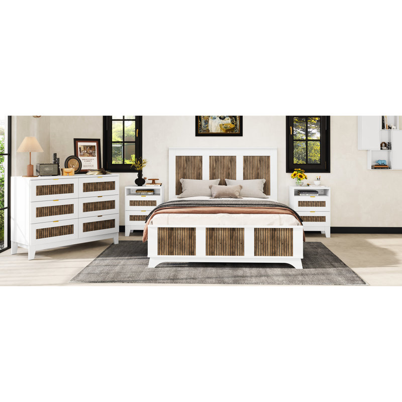 Grand lit en bois avec lattes en contreplaqué, plateforme de couleur blanche en blanc, ornement en bande, capacité de charge de 700 lb, aucun sommier requis
