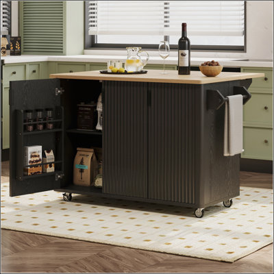 Îlot de cuisine cannelé de 51 pouces avec abattant, décoration campagnarde sur roulettes, rangement interne et porte-serviettes pour une utilisation polyvalente