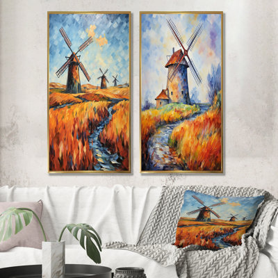 Fauvist Windmill Meadows I - Wind Turbines Canvas Prints Set Of 2
