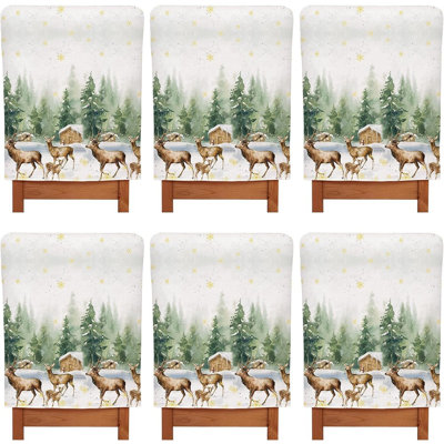 Christmas Chair Covers - Green - Snowman & Reindeer Design, Linen, Dining Chair Slipcovers, Holiday Party Decor