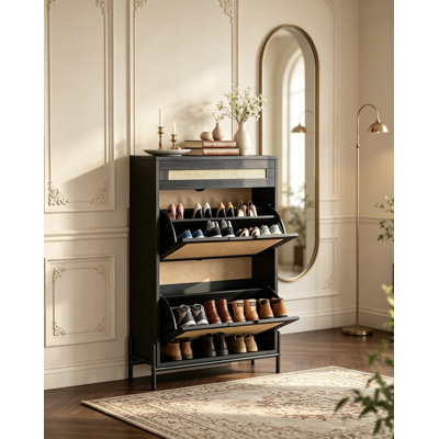 Narrow Shoe Cabinet for Entryway, 2-Tier Slim Shoe Storage Cabinet, 9.4 in Deep Space-Saving Organizer, Floor-Standing Shoe Cabinet for Hallway, 40.2 in Tall, Black