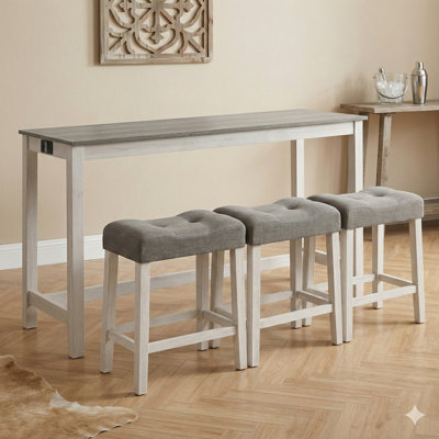 Ensemble de table de bar 4 pièces avec prise de courant, comprenant table et chaises, table de bar avec 3 tabourets rembourrés, pour le salon ou la salle à manger, blanc et gris