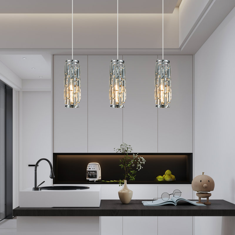 Taveyon Crystal Cylinder Pendant Lights Kitchen Island, Chrome, 3 Lights