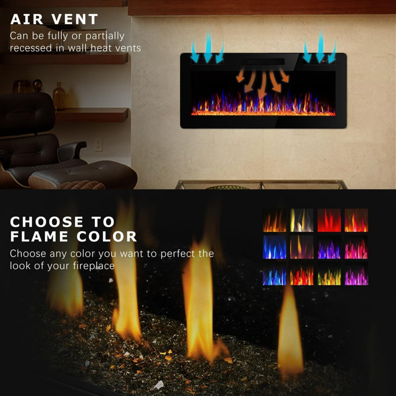 Foyer électrique ultra-mince encastré et mural - flamme 3D HD avec télécommande, Bûche 72 "