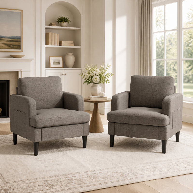 Fauteuil d'appoint rembourré moderne avec accoudoirs larges, poche de rangement latérale et dossier ergonomique, Brun