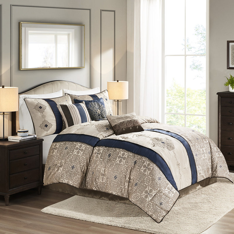 King Bedroom Comforter - Navy With 2 Matching Shams Bedding Pillows