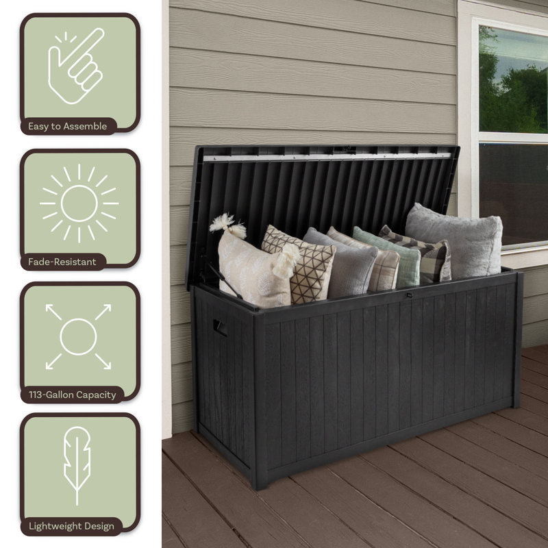 113 Gallon Black Faux Wood Lockable Deck Storage Box