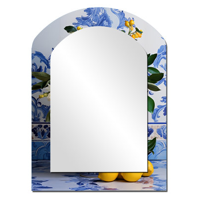 Greek tiles still life kitchen I - Boho Pottery Arch Decorative Mirror, Traditional Asymmetrical Wall Mirror, Printed Metal Art