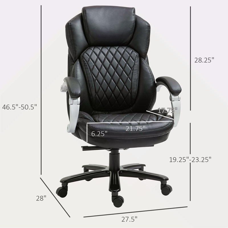 Grand et grand fauteuil de bureau de direction avec siège large, chaise de bureau d'ordinateur avec coutures en losange à dossier haut, hauteur réglable et roues pivotantes
